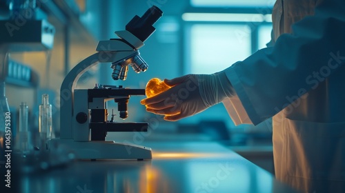 The doctora??s hand clasping the studenta??s hand near a microscope in a bright lab. photo