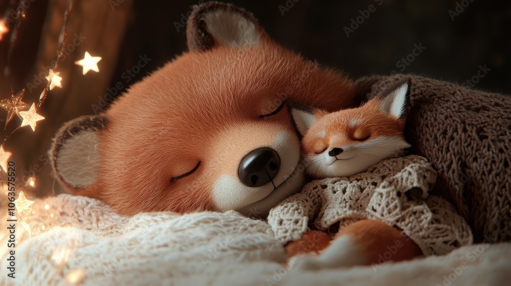 Fototapeta premium Adorable red panda and fox cuddling in cozy blankets under twinkling star lights, AI