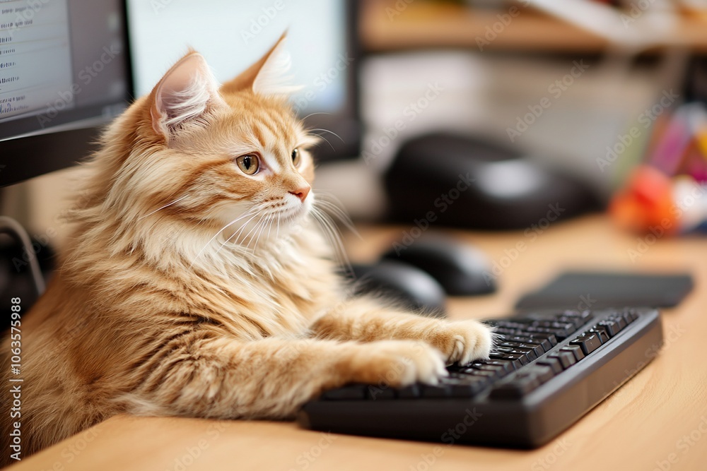A ginger cat sits at a desk, using a computer keyboard. A ginger cat sits at a desk, using a computer keyboard.