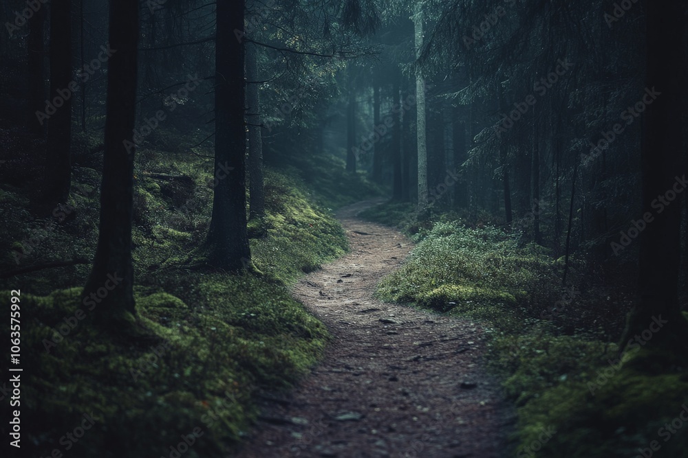 Naklejka premium In a tranquil, darkened forest, a shadowy path promises an enigmatic journey, wrapped in the mystique of nature, echoing peace, solitude, and introspection.