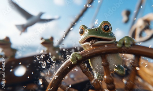 A frog captain steers a ship with a seagull flying overhead. photo