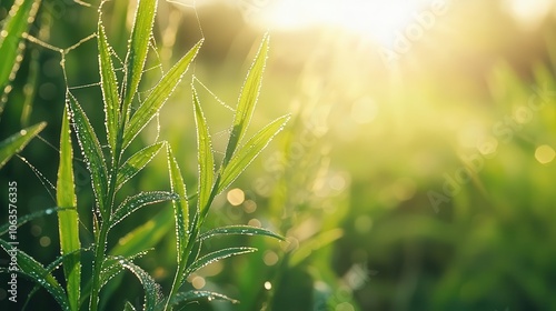 Macro of morning dew on a cobweb, reflecting light, soft focus, tranquil scene photo