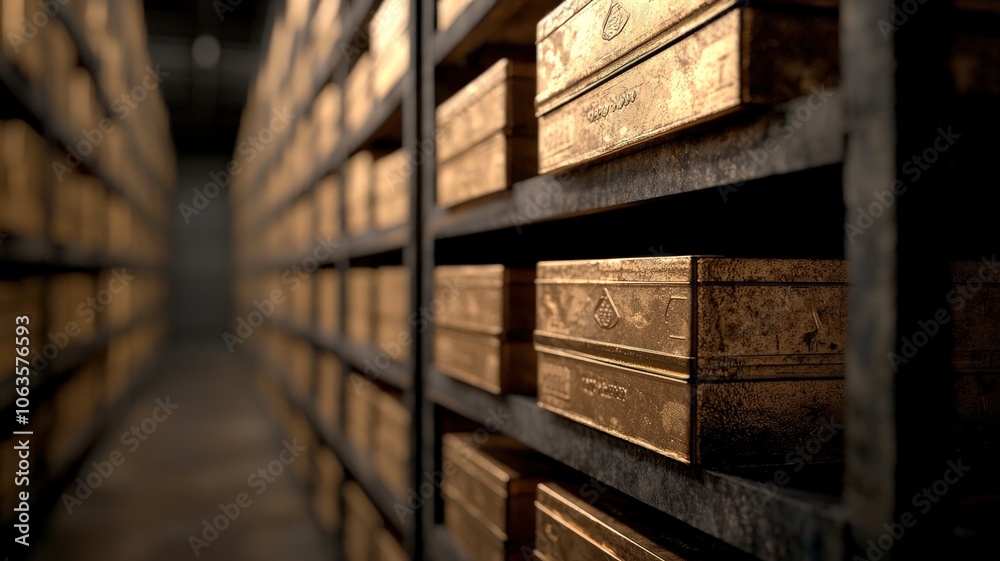 A dimly lit vault showcases rows of gleaming gold bars stacked on metal shelves, emphasizing wealth and security in an industrial setting. A dimly lit vault showcases rows of gleaming gold bars stacked on metal shelves, emphasizing wealth and security in an industrial setting.