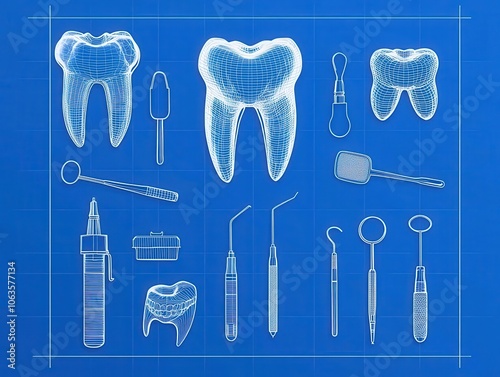 Dental equipment blueprint, tools layout for dentists, detailed and highprecision design photo