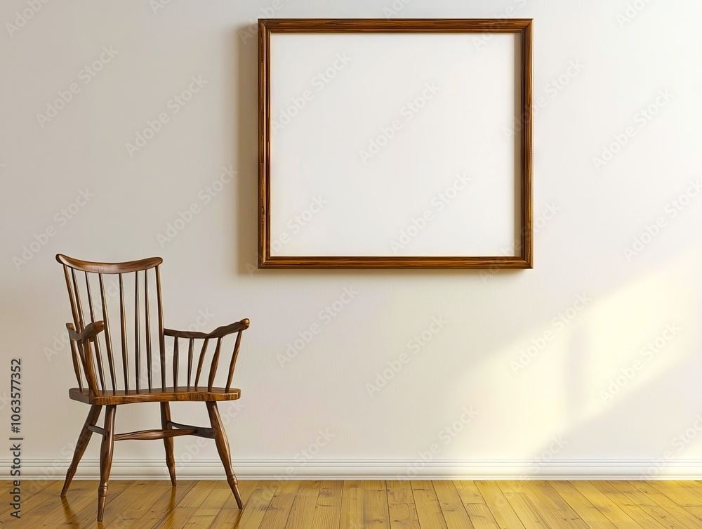 A wooden chair sitting in front of a white wall with a picture frame A wooden chair sitting in front of a white wall with a picture frame