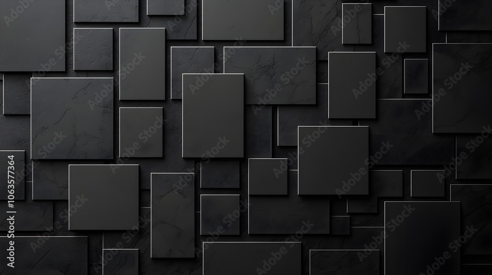 Abstract black textured wall with layered rectangular panels
