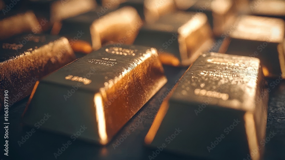 Gleaming gold bars stacked closely together, showcasing their luster and value, set against a dark background. Gleaming gold bars stacked closely together, showcasing their luster and value, set against a dark background.