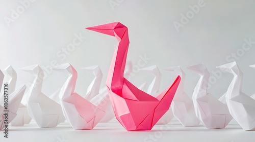 Fototapeta Naklejka Na Ścianę i Meble -  A group of white and pink origami swans standing in a row
