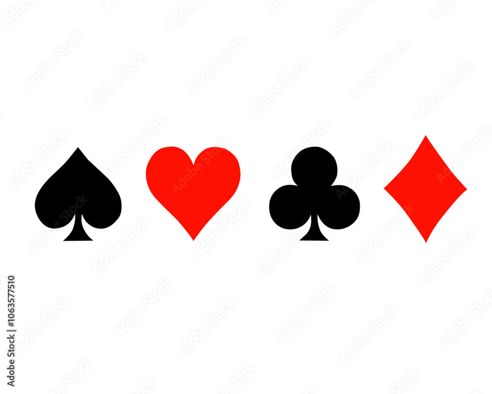 Symbols of playing cards or gambling cards. The symbols are red and black. Symbols of playing cards or gambling cards. The symbols are red and black.
