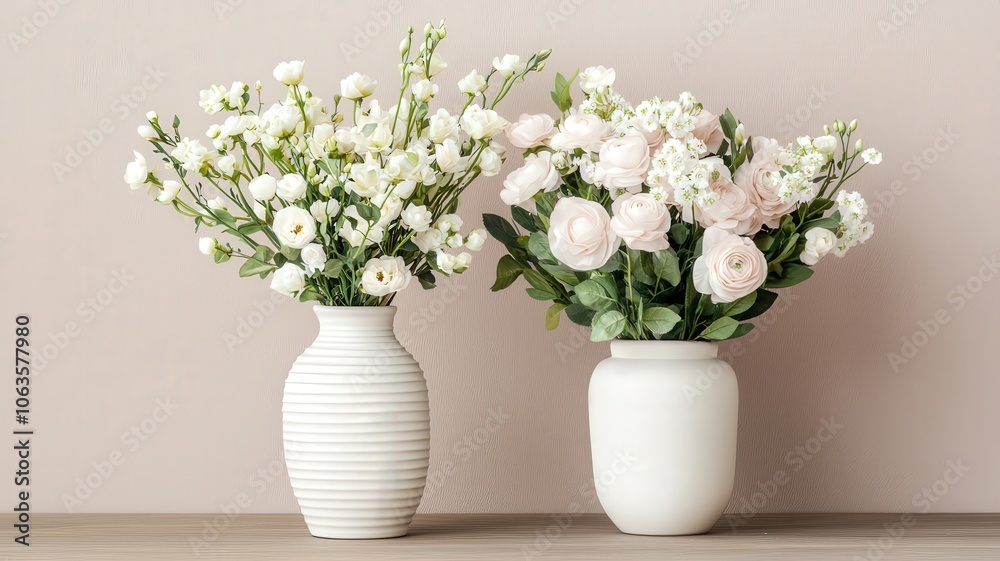 Two elegant vases with white and pink flowers, styled against a neutral background, adding a fresh touch to any decor. Two elegant vases with white and pink flowers, styled against a neutral background, adding a fresh touch to any decor.