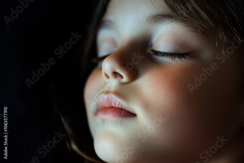 serene sleeping diverse child with rapid eye movement visible under closed eyelids, against a plain dark background photo