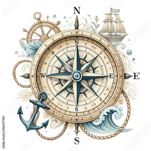 Wallpaper Mural Vintage nautical compass with intricate maritime elements, including anchor, rope, ship wheel, and waves, representing exploration and adventure. Torontodigital.ca