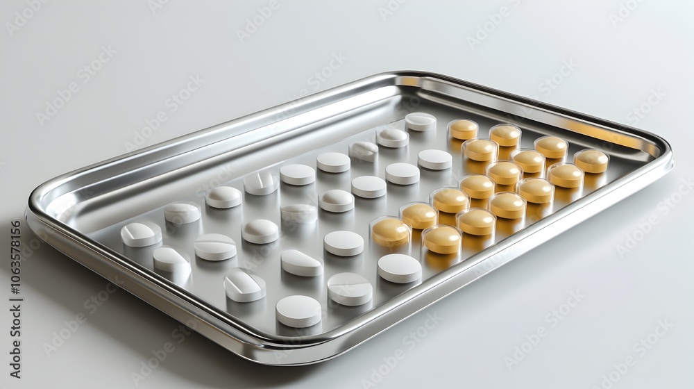 Assorted Pills on Stainless Steel Tray in Clinical Setting Assorted Pills on Stainless Steel Tray in Clinical Setting