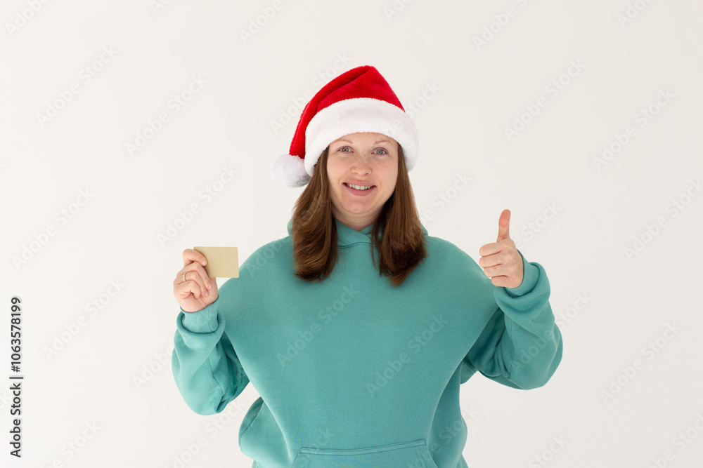 Smiling young woman in a Christmas hat showing blank golden credit card and thumb up gesture isolated on white background Smiling young woman in a Christmas hat showing blank golden credit card and thumb up gesture isolated on white background