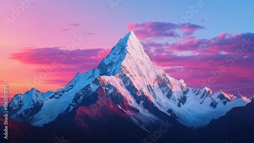 A majestic snow-capped mountain towers against a vibrant sunset, featuring shades of pink and purple in the sky, creating a breathtaking natural landscape.