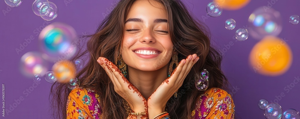 A joyful woman smiling amidst colorful bubbles and vibrant background, exuding happiness and positive energy. A joyful woman smiling amidst colorful bubbles and vibrant background, exuding happiness and positive energy.