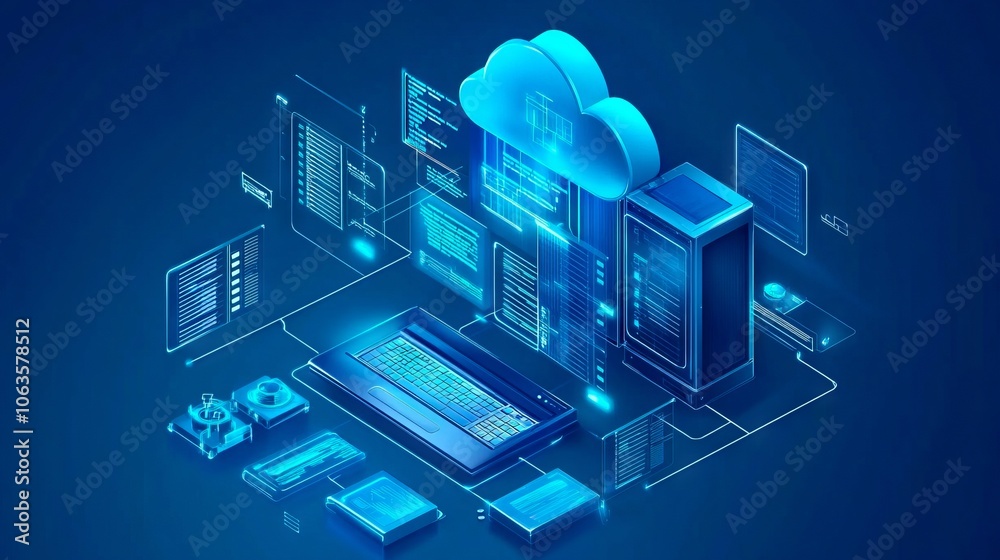 A cloud computing concept with a laptop and a cloud computing device A cloud computing concept with a laptop and a cloud computing device