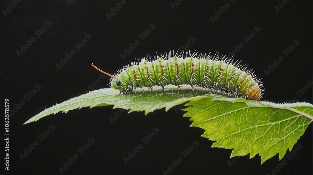 Fototapeta premium Detailed shot of a caterpillar on a leaf, tiny hairs, bright green, natural textures