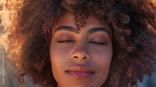 A woman with curly hair and a relaxed expression