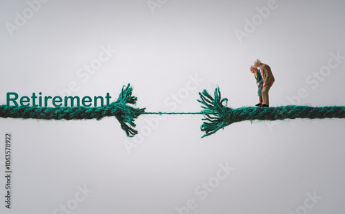 Couple Senior Pensioners standing on rope which it breaking for risk of financial planning ,money saving and life insurance of retirement concept. photo