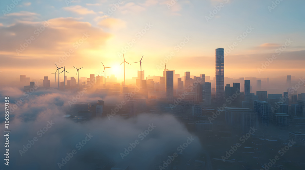 Fototapeta premium Futuristic Urban Skyline with Renewable Energy Icons Representing Clean Energy Policy