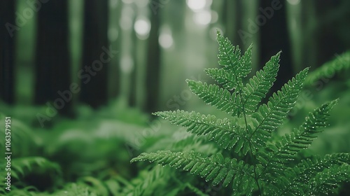 Closeup of a raindropcovered fern, delicate details, rich green tones, forest freshness photo