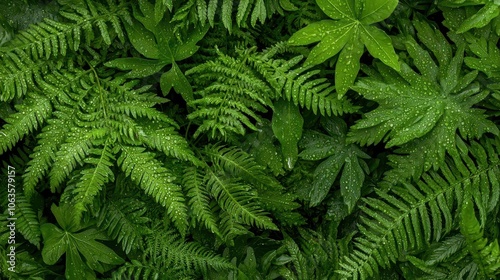 Closeup of a raindropcovered fern, delicate details, rich green tones, forest freshness