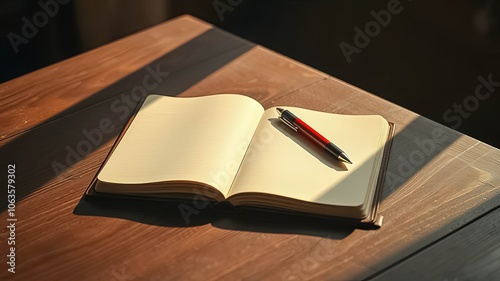 A blank canvas awaits inspiration, ready to be filled with words and thoughts, accompanied by a pen poised for action, bathed in the warm glow of natural light. photo