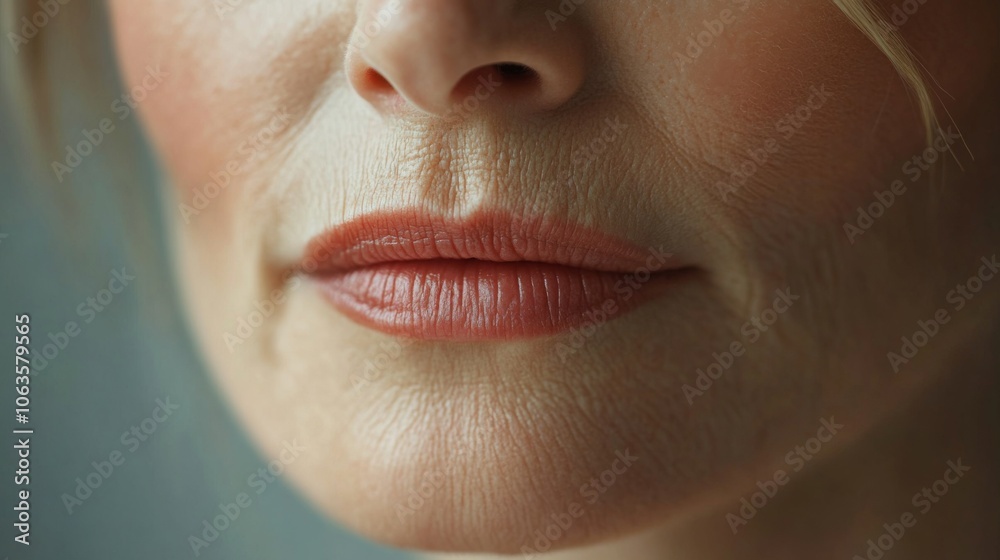 A woman's lips are captured in a close-up, revealing natural aging with delicate lines and a soft, warm hue under gentle sunlight, highlighting beauty in imperfection. A woman's lips are captured in a close-up, revealing natural aging with delicate lines and a soft, warm hue under gentle sunlight, highlighting beauty in imperfection.