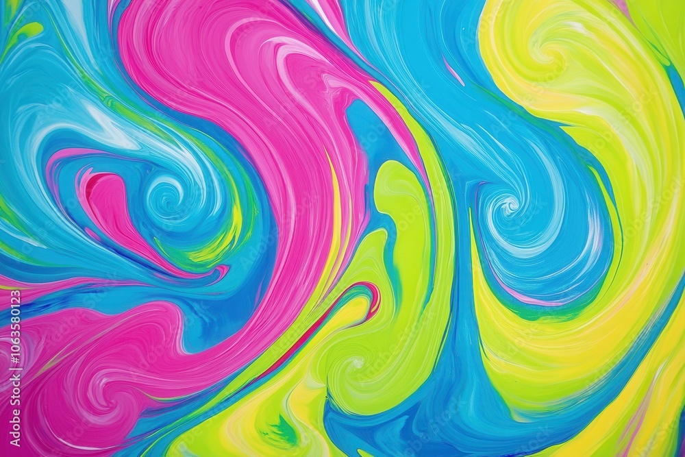 An abstract painting featuring swirls of bright neon colors, including electric blue, hot pink, and lime green An abstract painting featuring swirls of bright neon colors, including electric blue, hot pink, and lime green