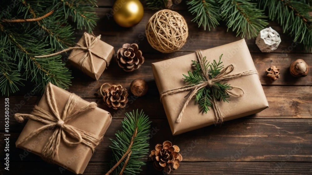 Fototapeta premium Green Christmas background with fir branches and decorations. with copyspace