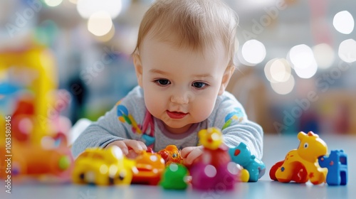 A baby is playing with a variety of toys, including cars and a giraffe