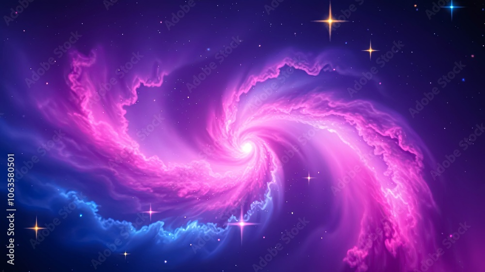 Obraz premium A cosmic swirl of vibrant pink and blue nebulae, adorned with a scattering of twinkling stars, creating a breathtaking celestial dance.