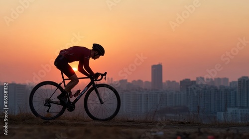 A cyclist pedals gracefully against a stunning sunset backdrop, merging sport and urban beauty into a silhouette of serenity.