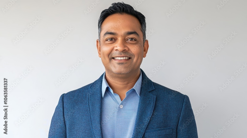 Confident middle-aged Indian man in blue blazer smiling against a neutral background in a professional portrait photo Confident middle-aged Indian man in blue blazer smiling against a neutral background in a professional portrait photo