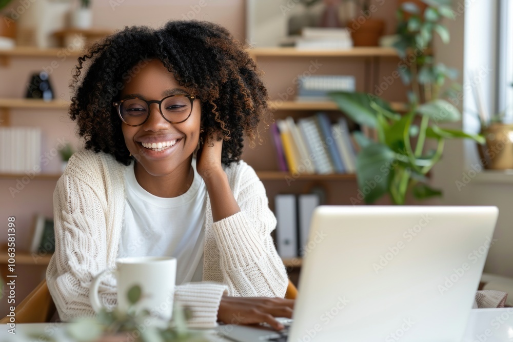 Smiling African-American woman with laptop in cozy home office setting Smiling African-American woman with laptop in cozy home office setting