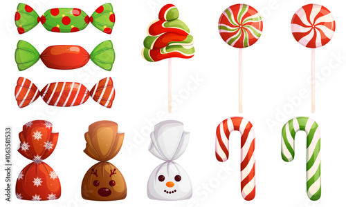 Xmas lollipops, candy set cartoon vector illustration. Happy holidays sweets elements collection.