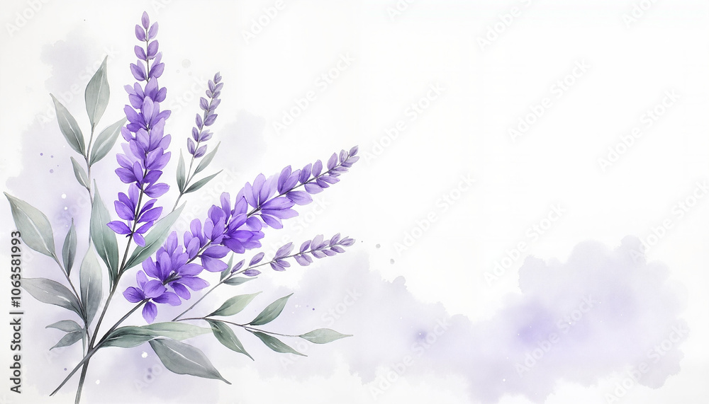 Obraz premium Elegant lavender flowers with green leaves on a soft watercolor background