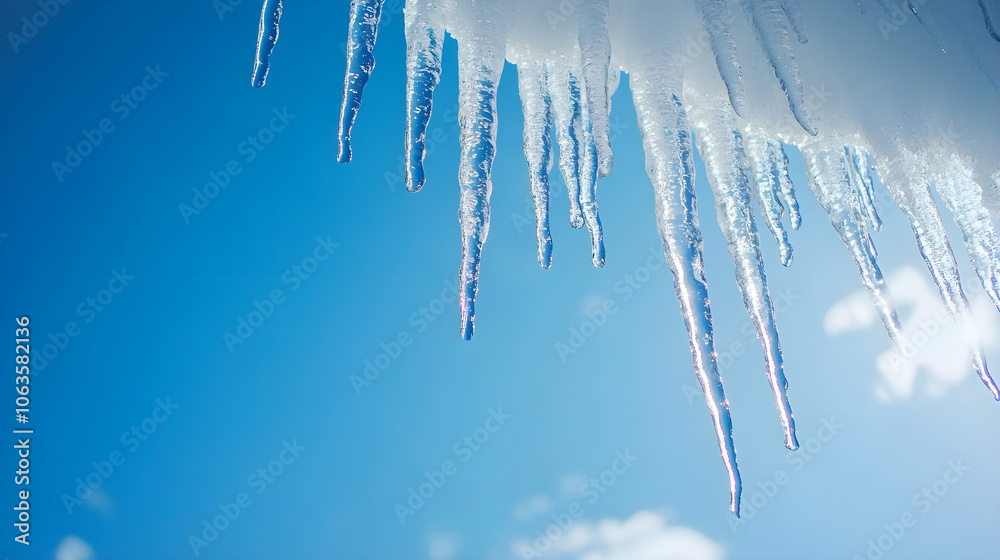 Icicles hanging against clear blue sky create serene winter scene Icicles hanging against clear blue sky create serene winter scene