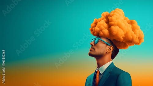 man in suit with cloud above his head, symbolizing ideas and creativity