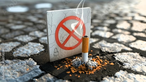 Closeup noblur 3D Model Abstract Art of No smoking sign with a 3D model of a broken cigarette on a hospital wall photo