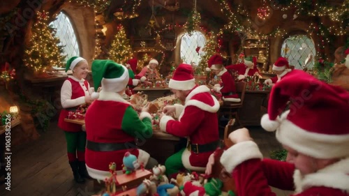 Santa's Christmas workshop grotto is a magical place, filled with cheerful elves crafting toys, twinkling lights, and festive decorations, creating a joyful holiday.