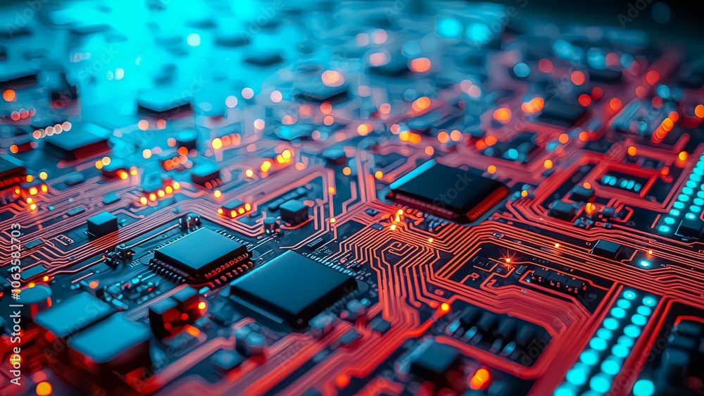 An intricate network of glowing copper traces and integrated circuits on a futuristic motherboard, showcasing the complex beauty of modern technology An intricate network of glowing copper traces and integrated circuits on a futuristic motherboard, showcasing the complex beauty of modern technology