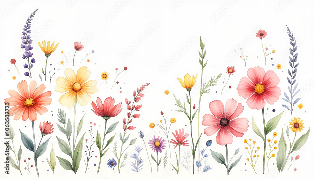 Obraz premium Colorful wildflowers with a variety of blooms on a clean white background