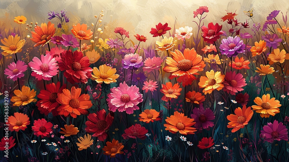 A field of wildflowers stretches out toward the horizon, filled with vibrant reds, yellows, and purples. Bees buzz from flower to flower, and the scene feels alive with the colors and energy of spring