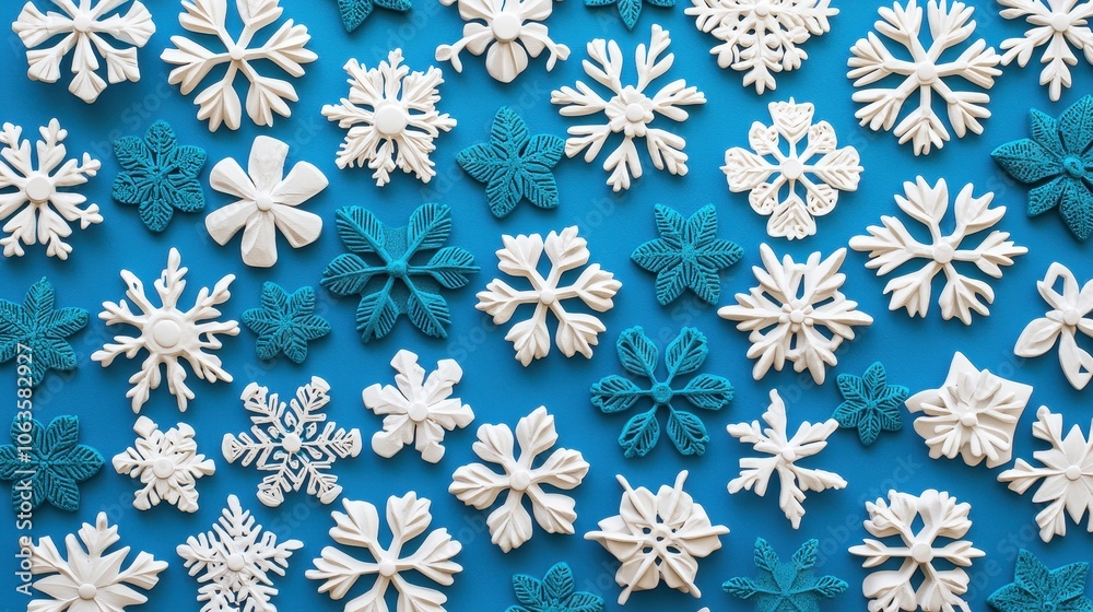 A vibrant arrangement of white snowflakes on a blue background, showcasing various intricate designs and shapes, perfect for winter-themed decor. A vibrant arrangement of white snowflakes on a blue background, showcasing various intricate designs and shapes, perfect for winter-themed decor.