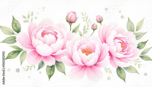 Beautiful pink peonies with green leaves and buds on a clean white background