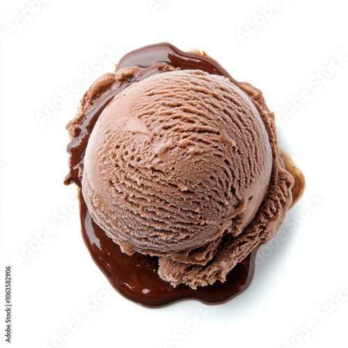 Top view of isolated scoop of chocolate hazelnut ice cream on white background with decadent texture