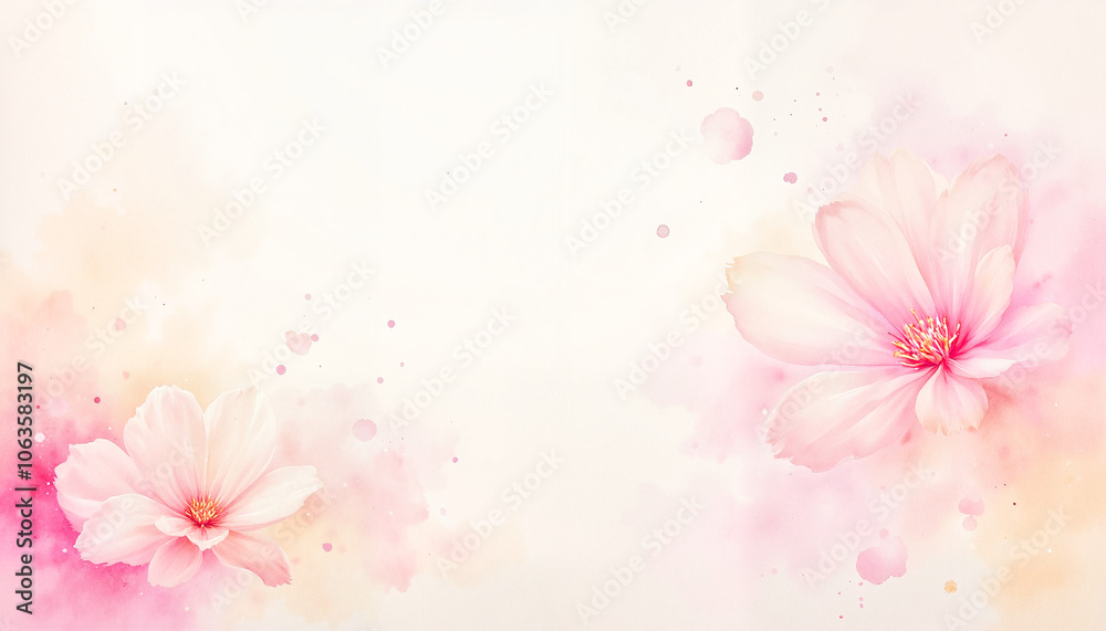 Delicate pink flowers painted in watercolor style with soft splashes and copy space