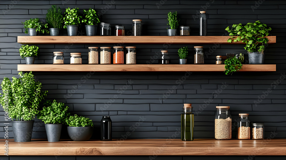 Modern Kitchen Shelves With Glass Jars of Herbs and Grains - 3D Illustration Modern Kitchen Shelves With Glass Jars of Herbs and Grains - 3D Illustration